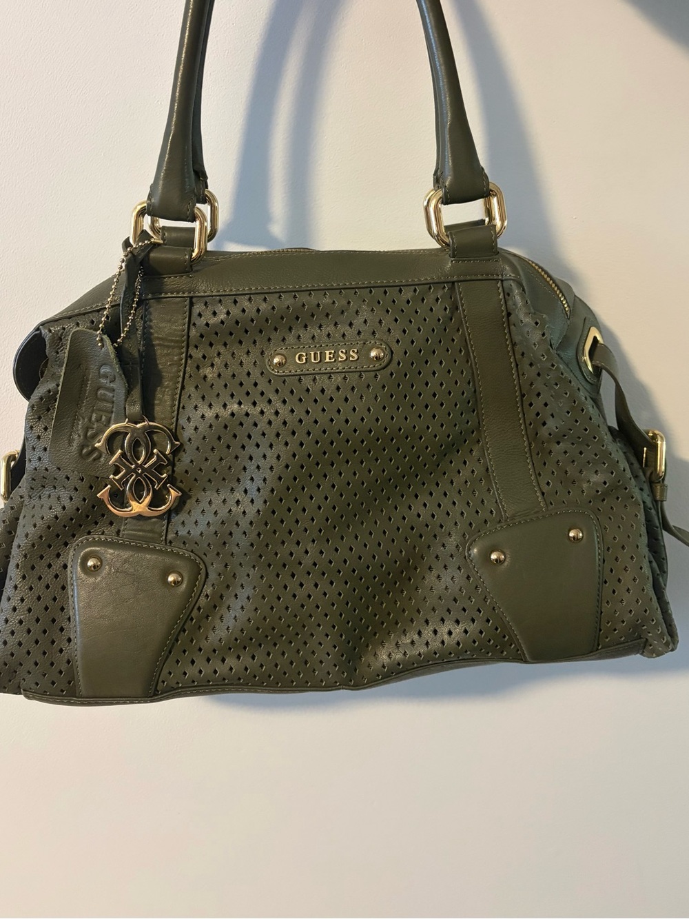 GUESS Olive Green Perforated Shoulder Bag with Gold Accents